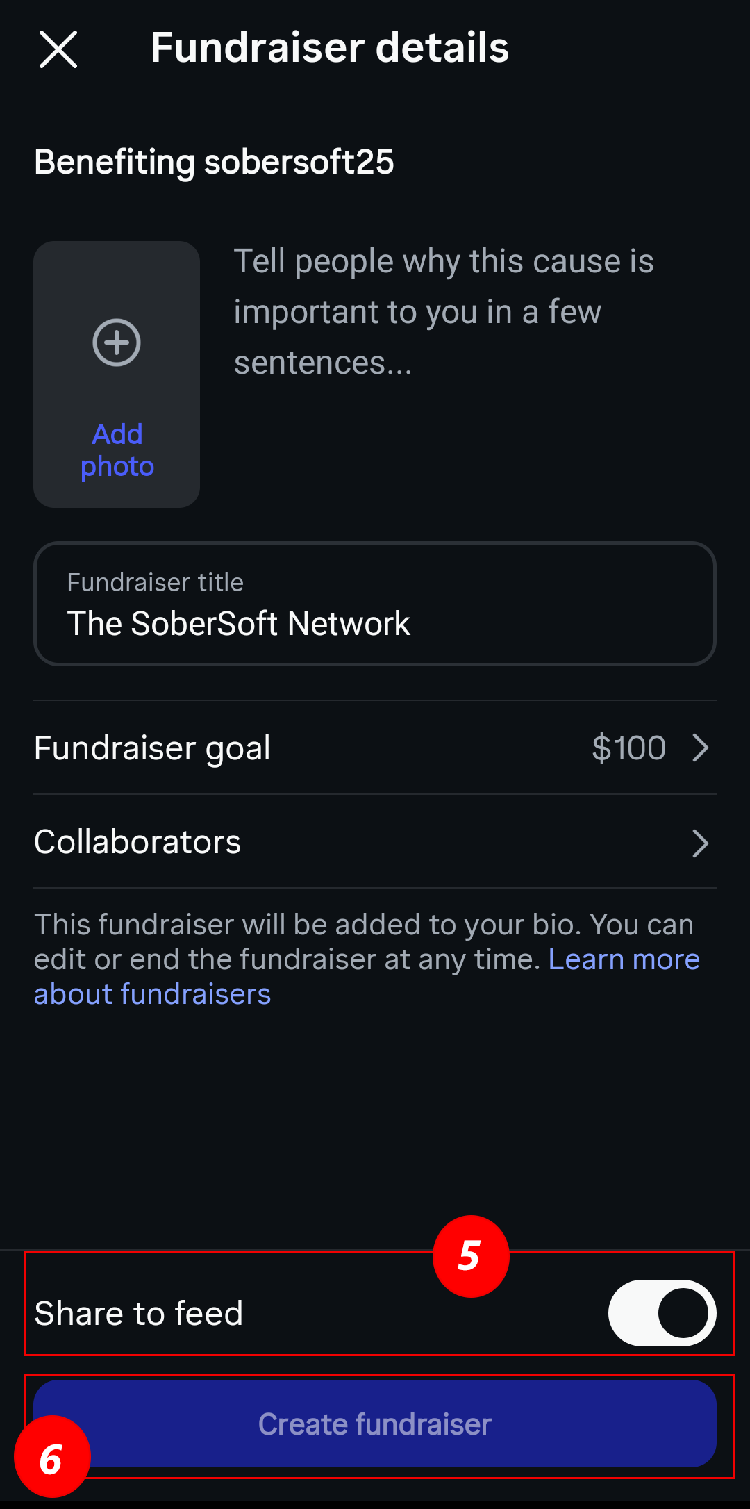 Fundraiser creation button and sharing options